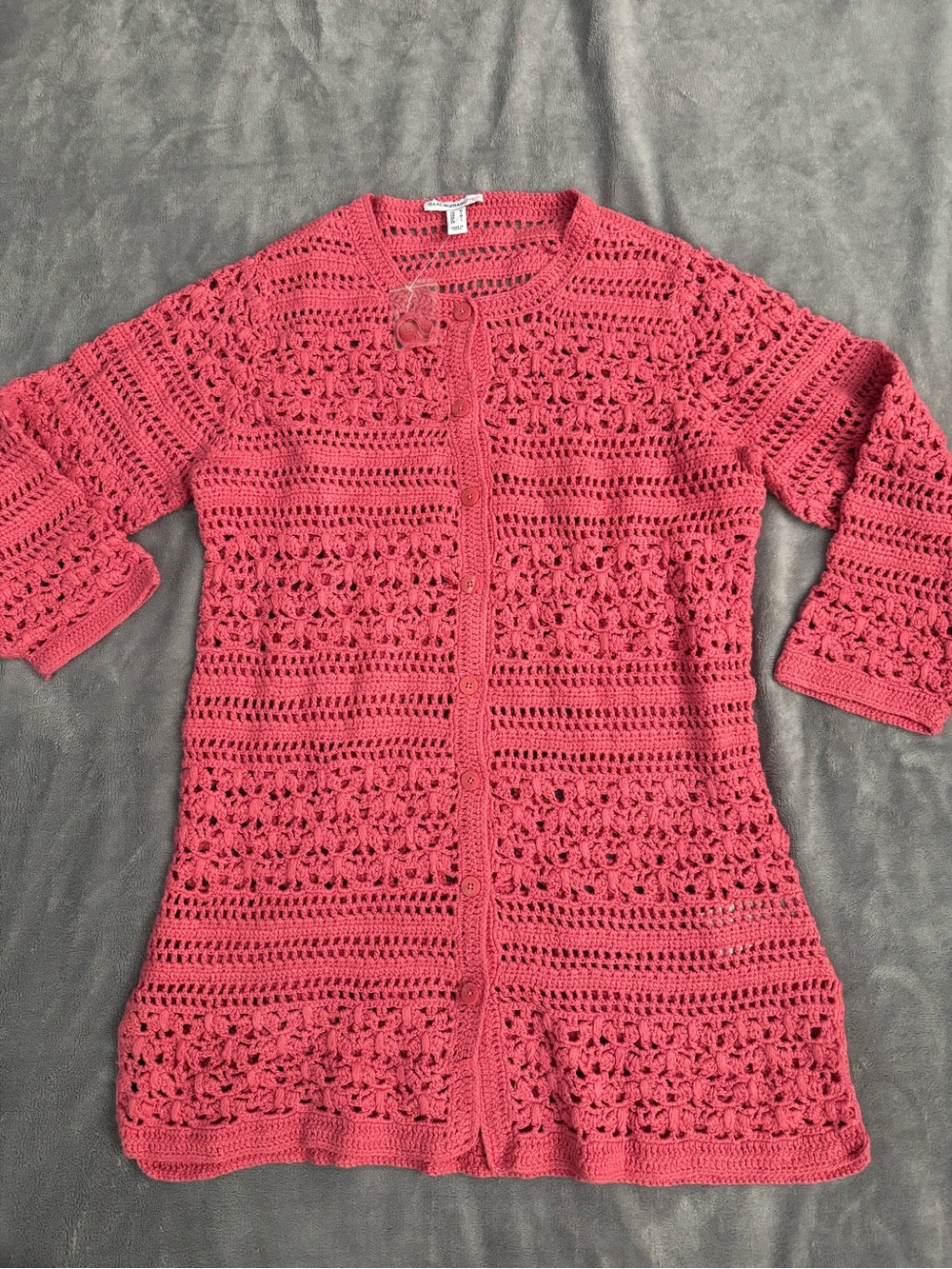 Isaac Mizrahi Live Coral Crochet Longline Cardigan Duster Cotton M